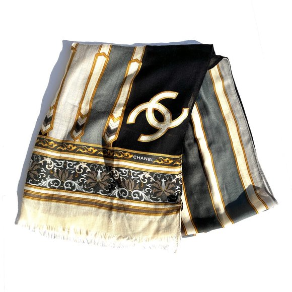 CHANEL Accessories - Sold on our website CHANEL Black Gray Cashmere Rectangular CC Logo Fringe Scarf
